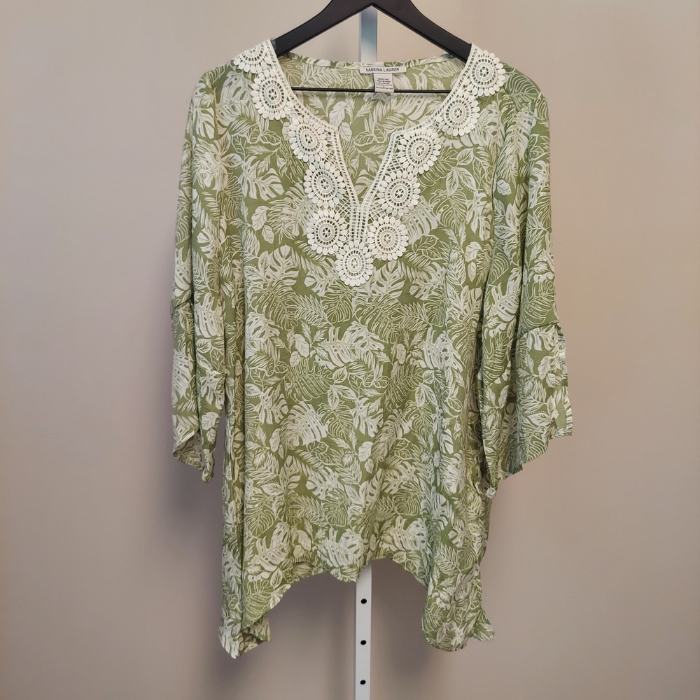 Sabrina Lauren Tropical Palm Leaf Crochet Tunic Large Resort Beach Vacation